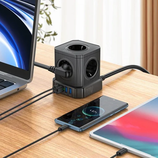 HOCO multifunkcionális elosztó 5 aljzat + 3 x USB A + Type C EU szabványok 4000W PD QC 3A NS8 2 m fekete - 7