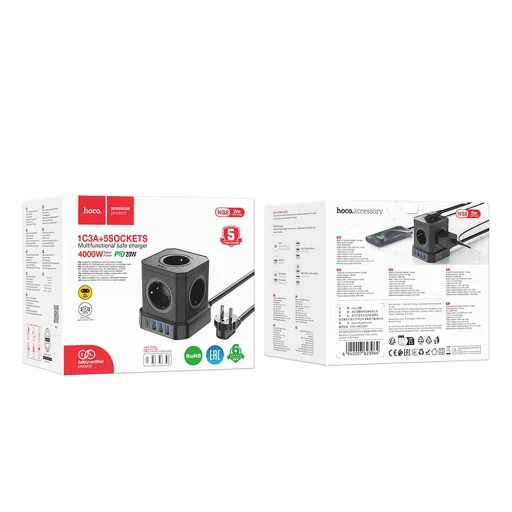 HOCO multifunkcionális elosztó 5 aljzat + 3 x USB A + Type C EU szabványok 4000W PD QC 3A NS8 2 m fekete - 9