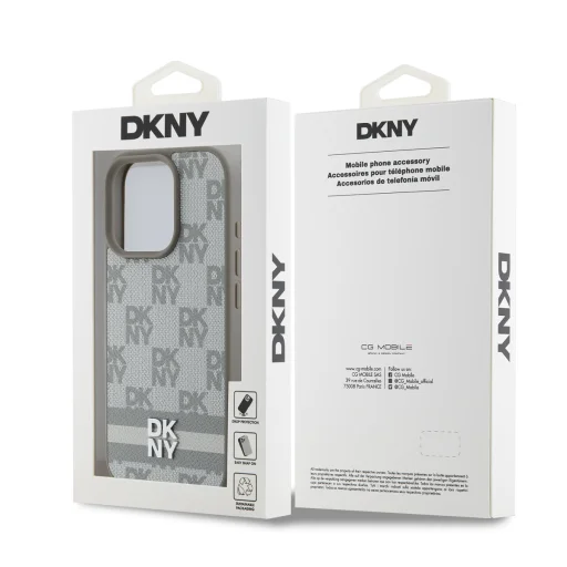  iPhone 16 Pro Max Bézs DKNY PU Bőr Kockás Minta és Csíkos Tok - 6