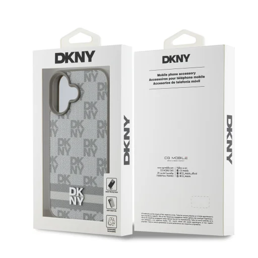  iPhone 16 Bézs DKNY PU Bőr Kockás Minta és Csíkos Tok - 6