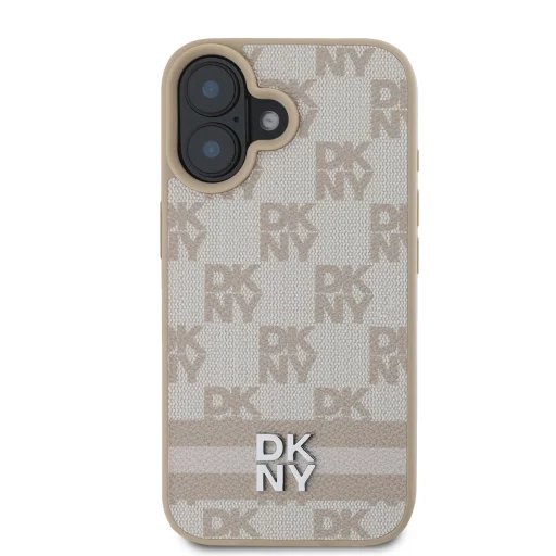  iPhone 16 Rózsaszín DKNY PU bőr kockás mintás és csíkos tok - 2