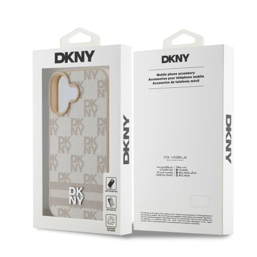  iPhone 16 Rózsaszín DKNY PU bőr kockás mintás és csíkos tok - 6