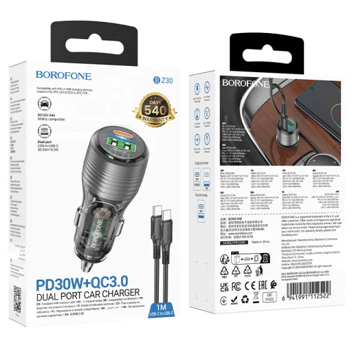 Borofone autós töltő BZ30 Absolute - USB + Type C - QC 3.0 PD 30W 3A Type C to Type C kábel átlátszó-fekete - 9