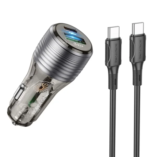 Borofone autós töltő BZ30 Absolute - USB + Type C - QC 3.0 PD 30W 3A Type C to Type C kábel átlátszó-fekete - 1