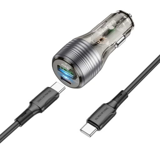 Borofone autós töltő BZ30 Absolute - USB + Type C - QC 3.0 PD 30W 3A Type C to Type C kábel átlátszó-fekete - 2