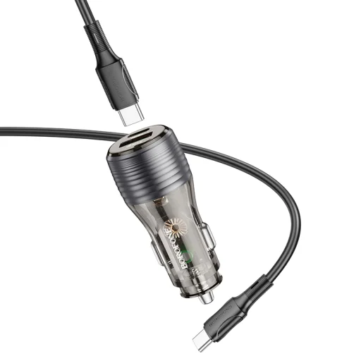 Borofone autós töltő BZ30 Absolute - USB + Type C - QC 3.0 PD 30W 3A Type C to Type C kábel átlátszó-fekete - 4