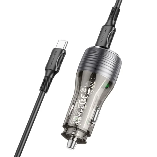 Borofone autós töltő BZ30 Absolute - USB + Type C - QC 3.0 PD 30W 3A Type C to Type C kábel átlátszó-fekete - 5