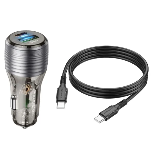 Borofone autós töltő BZ30 Absolute - USB + Type C - QC 3.0 PD 30W 3A Type C to Type C kábel átlátszó-fekete - 6