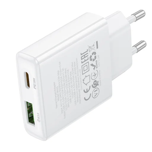 Borofone hálózati töltő BN25 Wish - USB + Type C - PD QC 3.0 30W fehér - 5