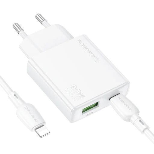 Borofone fali töltő BN25 Wish - USB + Type-C - PD QC 3.0 30W Type-C to Lightning kábellel fehér - 3