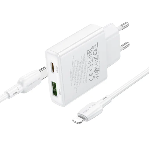 Borofone fali töltő BN25 Wish - USB + Type-C - PD QC 3.0 30W Type-C to Lightning kábellel fehér - 4