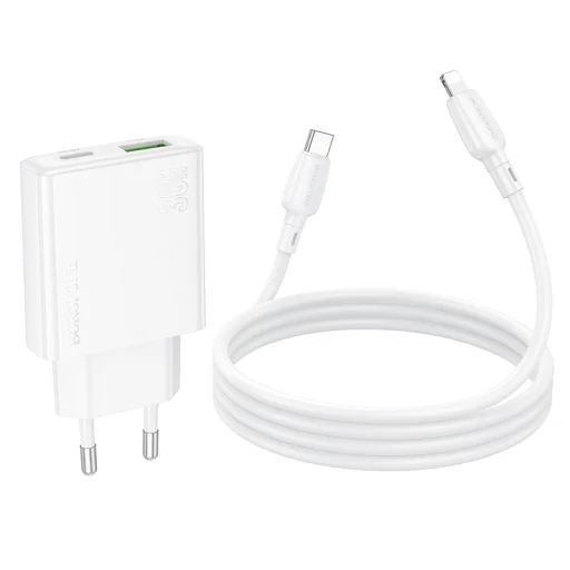 Borofone fali töltő BN25 Wish - USB + Type-C - PD QC 3.0 30W Type-C to Lightning kábellel fehér - 6