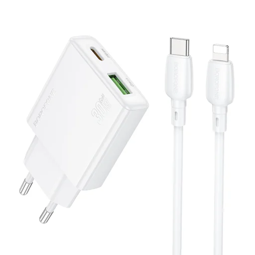 Borofone fali töltő BN25 Wish - USB + Type-C - PD QC 3.0 30W Type-C to Lightning kábellel fehér - 1
