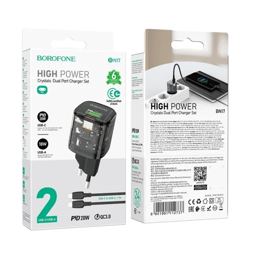 Borofone fali töltő BN17 Napfény - USB + Type C - QC 3.0 PD 20W 3A Type C-hez Type C kábel fekete - 8