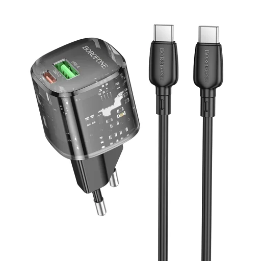 Borofone fali töltő BN17 Napfény - USB + Type C - QC 3.0 PD 20W 3A Type C-hez Type C kábel fekete - 1
