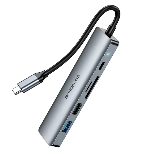 Borofone Adapter DH15 Buddy 6 az 1-ben - Type C to HDMI + Type C + USB 3.0 + USB 3.0 + SD + microSD - PD 100W szürke - 4