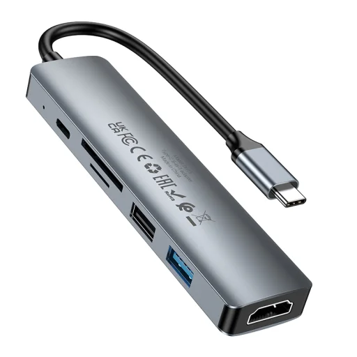 Borofone Adapter DH15 Buddy 6 az 1-ben - Type C to HDMI + Type C + USB 3.0 + USB 3.0 + SD + microSD - PD 100W szürke - 5