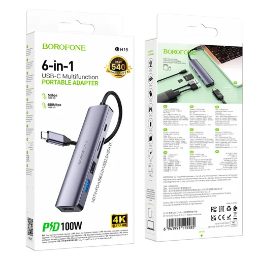 Borofone Adapter DH15 Buddy 6 az 1-ben - Type C to HDMI + Type C + USB 3.0 + USB 3.0 + SD + microSD - PD 100W szürke - 9