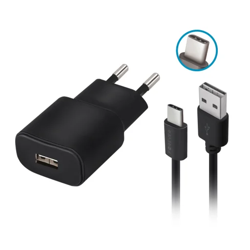 Forever TC-01 töltő 1x USB 2A fekete + USB-C kábel - 1