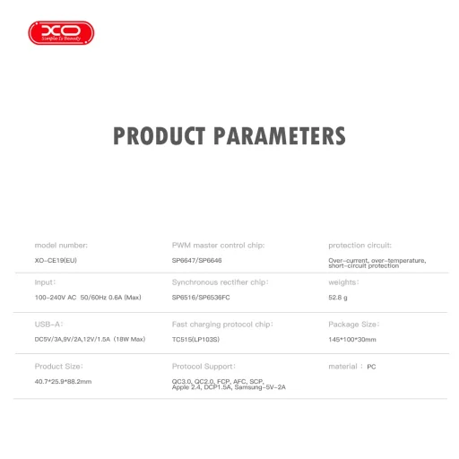 XO fali töltő CE19 QC 18W 1x USB fehér, - 5