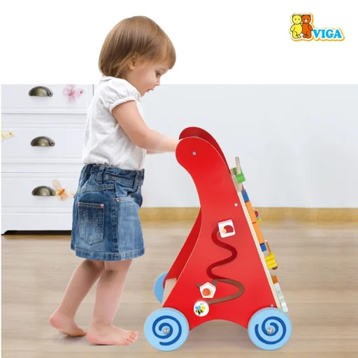 Fából készült fejlesztő babajáró piros színben - 4