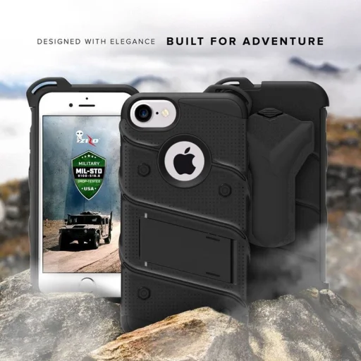 Zizo Bolt katonai minősítésű ütésálló tok iPhone 7/8/6/6S övcsipesszel + üvegfólia fekete - 2
