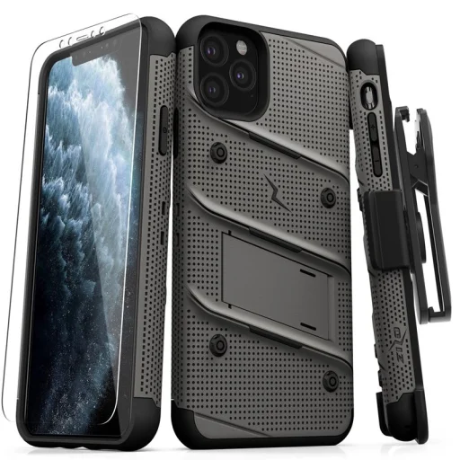 Zizo Bolt katonai minősítésű ütésálló tok iPhone 11 Pro Max övcsipesszel + üvegfólia szürke - 1