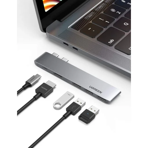 Ugreen Multifunkciós USB HUB 2x USB Typ C - USB Typ C PD (Thunderbolt 3, 100W, 4K@60 Hz, 10 Gbps) / HDMI 4K@30 Hz / 3x USB 3.0 MacBook Pro / Air szürke (60559) - 10