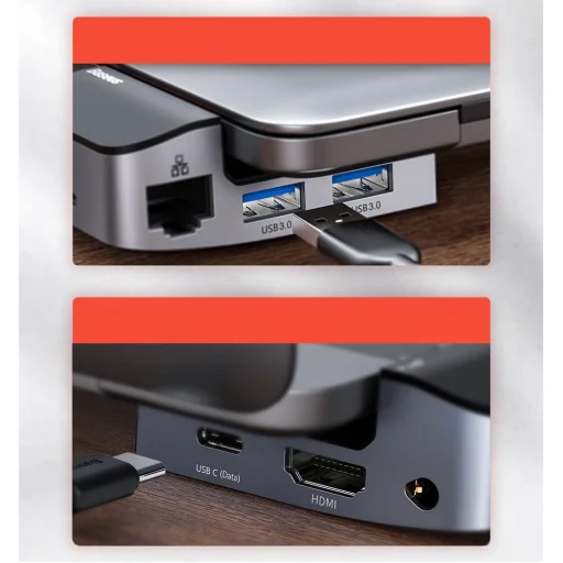 Baseus Multifunkciós laptop állvány HUB USB Typ C - USB 3.0 / RJ45 / 3.5mm mini jack / HDMI / USB Typ C / Thunderbolt 3 Macbook Pro szürke (CAHUB-AJ0G) - 15