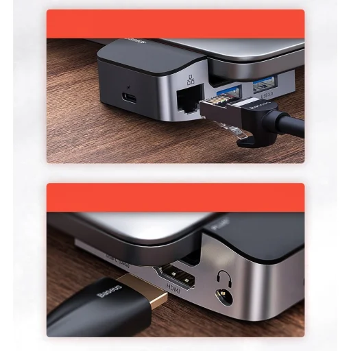 Baseus Multifunkciós laptop állvány HUB USB Typ C - USB 3.0 / RJ45 / 3.5mm mini jack / HDMI / USB Typ C / Thunderbolt 3 Macbook Pro szürke (CAHUB-AJ0G) - 16