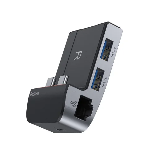 Baseus Multifunkciós laptop állvány HUB USB Typ C - USB 3.0 / RJ45 / 3.5mm mini jack / HDMI / USB Typ C / Thunderbolt 3 Macbook Pro szürke (CAHUB-AJ0G) - 3