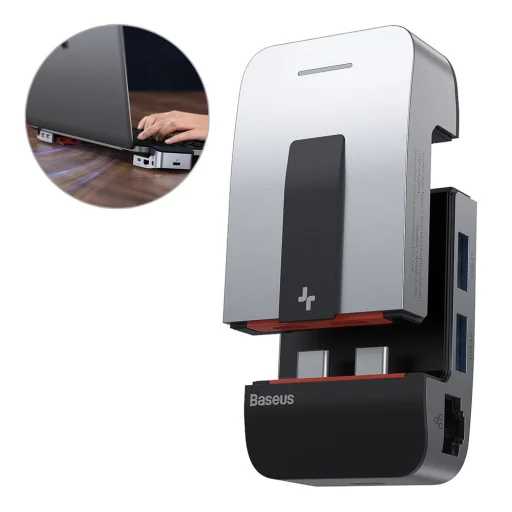 Baseus Multifunkciós laptop állvány HUB USB Typ C - USB 3.0 / RJ45 / 3.5mm mini jack / HDMI / USB Typ C / Thunderbolt 3 Macbook Pro szürke (CAHUB-AJ0G) - 1