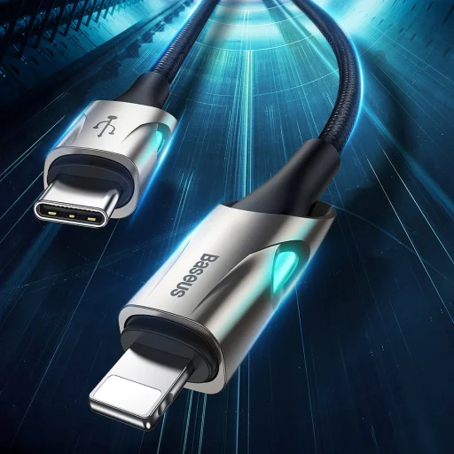 Baseus világító nylon harisnyázott USB TYPE-C - Lightning kábel 18W 480Mbps 1m piros (CATLYY-09) - 9