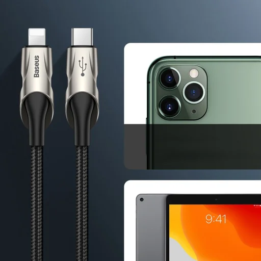 Baseus világító nylon harisnyázott USB TYPE-C - Lightning kábel 18W 480Mbps 1m piros (CATLYY-09) - 10