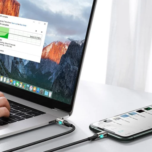 Baseus világító nylon harisnyázott USB TYPE-C - Lightning kábel 18W 480Mbps 1m piros (CATLYY-09) - 15