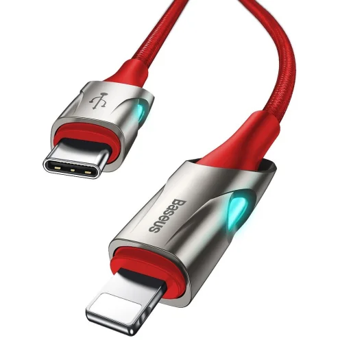 Baseus világító nylon harisnyázott USB TYPE-C - Lightning kábel 18W 480Mbps 1m piros (CATLYY-09) - 2