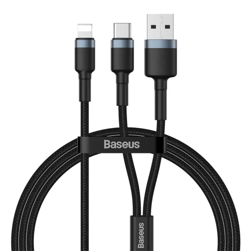 USB/USB-Type C/ Lightning kábel 18W 2,4A 480 Mbps 1,2m szürke Baseus Cafule Nylon harisnyázott (CATKLF-ELG1) - 1