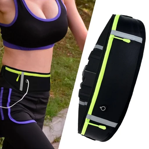 Univerzális fényvisszaverő csíkos futó övtáska fülhallgató kivezetéssel fekete futáshoz - 1