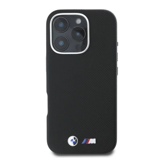  iPhone 16 Pro Max fekete BMW M PU Kevlar Metal Logo tok - 2