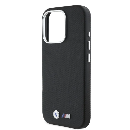  iPhone 16 Pro Max fekete BMW M PU Kevlar Metal Logo tok - 4