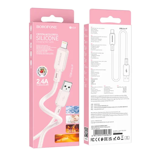 Borofone Cable BX94 Crystal color - USB to Lightning - 2,4A 1 metre light pink - 4