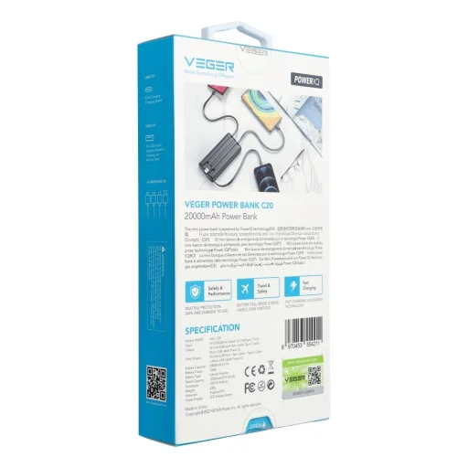 VEGER powerbank 20 000 mAh beépített kábelekkel Micro USB / Type C / Lightning C20 (W2047) fekete - 23