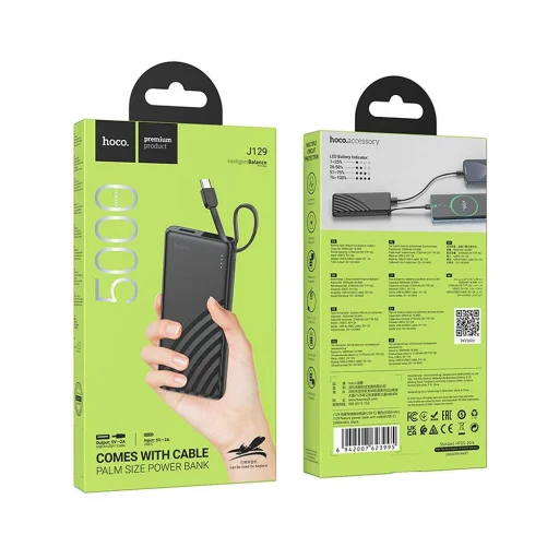 HOCO powerbank 5000 mAh beépített Type C 2A kábellel J129 fekete - 2