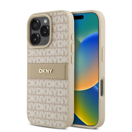  iPhone 16 Pro Max rózsaszín DKNY PU bőrmintás tónusos csíkos tok - 1