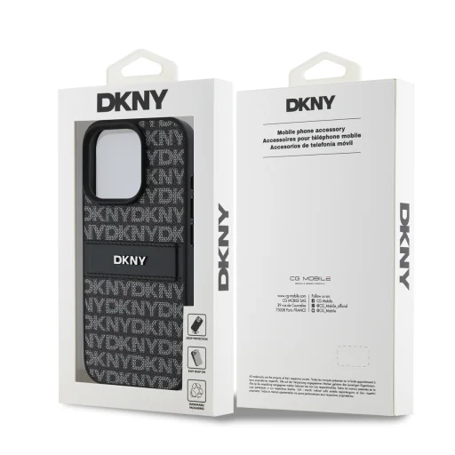  iPhone 16 Pro Max fekete DKNY PU bőr ismétlődő minta tónusos csík tok - 6
