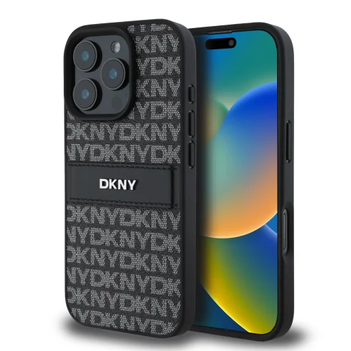  iPhone 16 Pro Max fekete DKNY PU bőr ismétlődő minta tónusos csík tok - 1