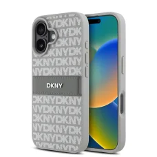 iPhone 16 Bézs DKNY PU Bőr Mintás Tonális Csík Tok