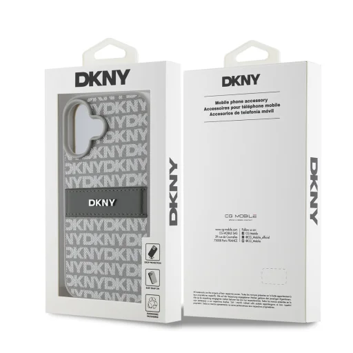  iPhone 16 Bézs DKNY PU Bőr Mintás Tonális Csík Tok - 6