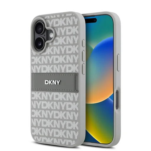  iPhone 16 Bézs DKNY PU Bőr Mintás Tonális Csík Tok - 1