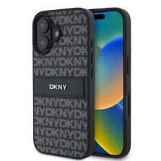  iPhone 16 fekete DKNY PU bőr ismétlődő mintájú tónusos csíkos tok